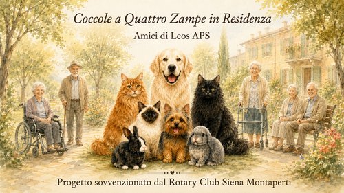 Illustrazione del progetto «Coccole a Quattro Zampe in Residenza»: cani, gatti e conigli con persone anziane in un giardino